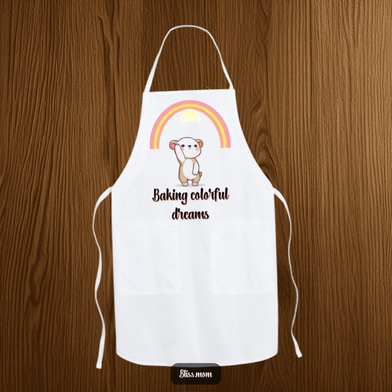 Funny apron showcasing an animal reaching for a vibrant rainbow, a humorous and inspiring accessory for any kitchen.