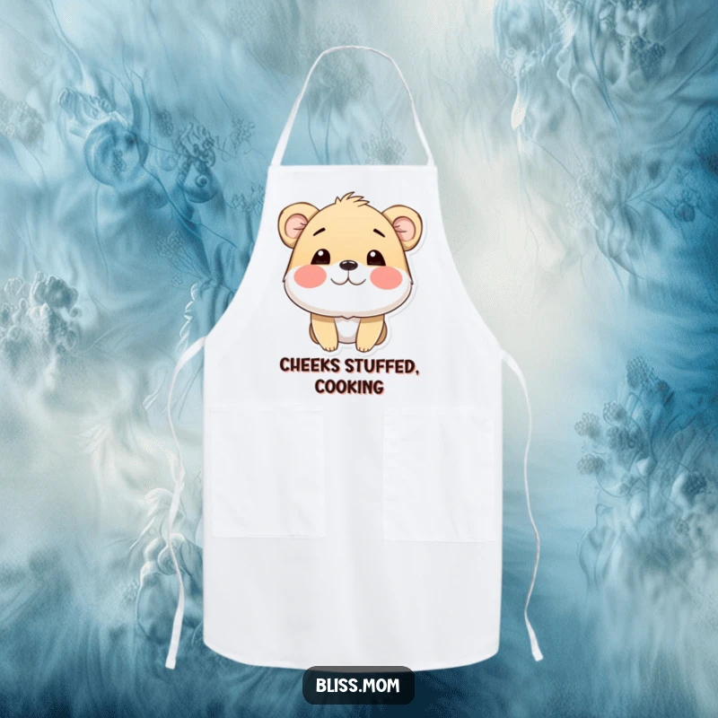 Funny apron decorated with an animal character whose cheeks are puffed out in happiness, a charming and humorous kitchen accessory.