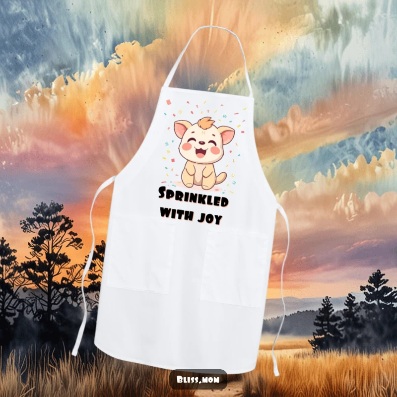 Funny apron showing a joyful animal with a delighted expression, positively beaming amidst a shower of colorful confetti.