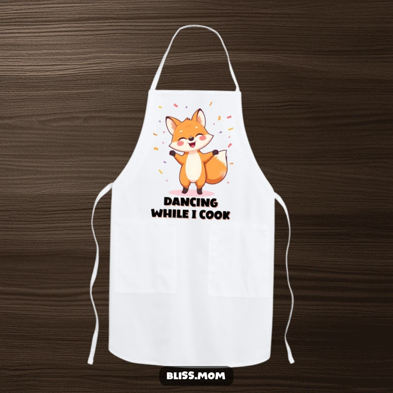 Funny apron depicting a happy fox performing a joyous dance in the kitchen, surrounded by cartoon confetti, celebrating culinary fun.