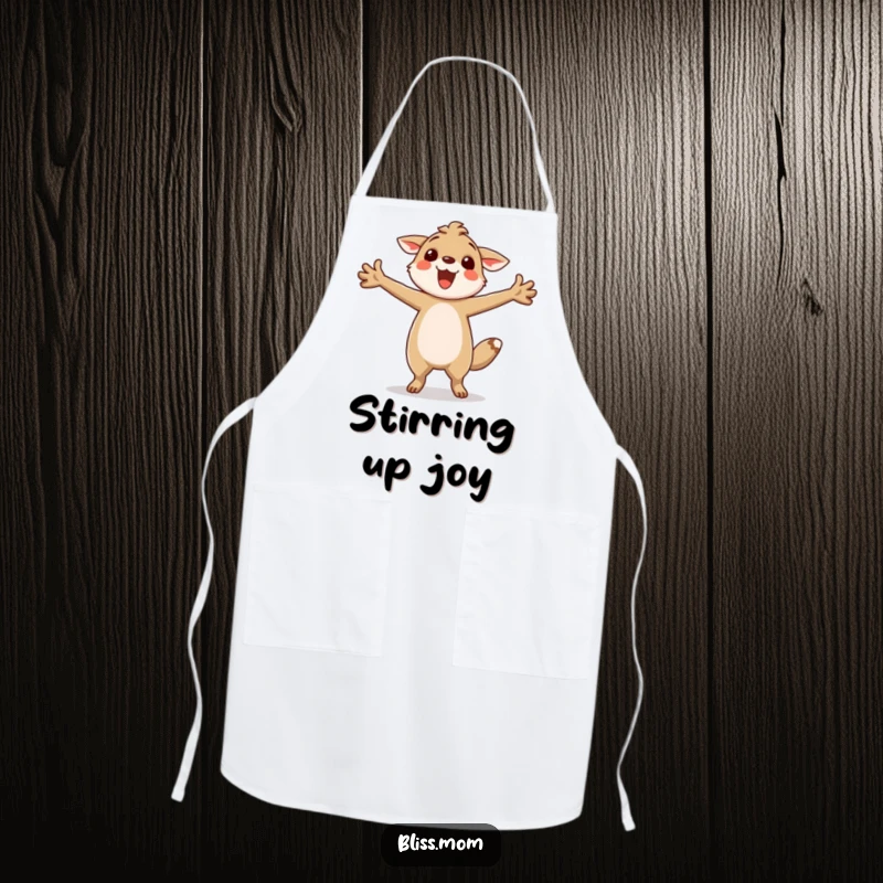 Funny apron showcasing a joyful animal mid-twirl with arms outstretched, a humorous and practical accessory for any cook.