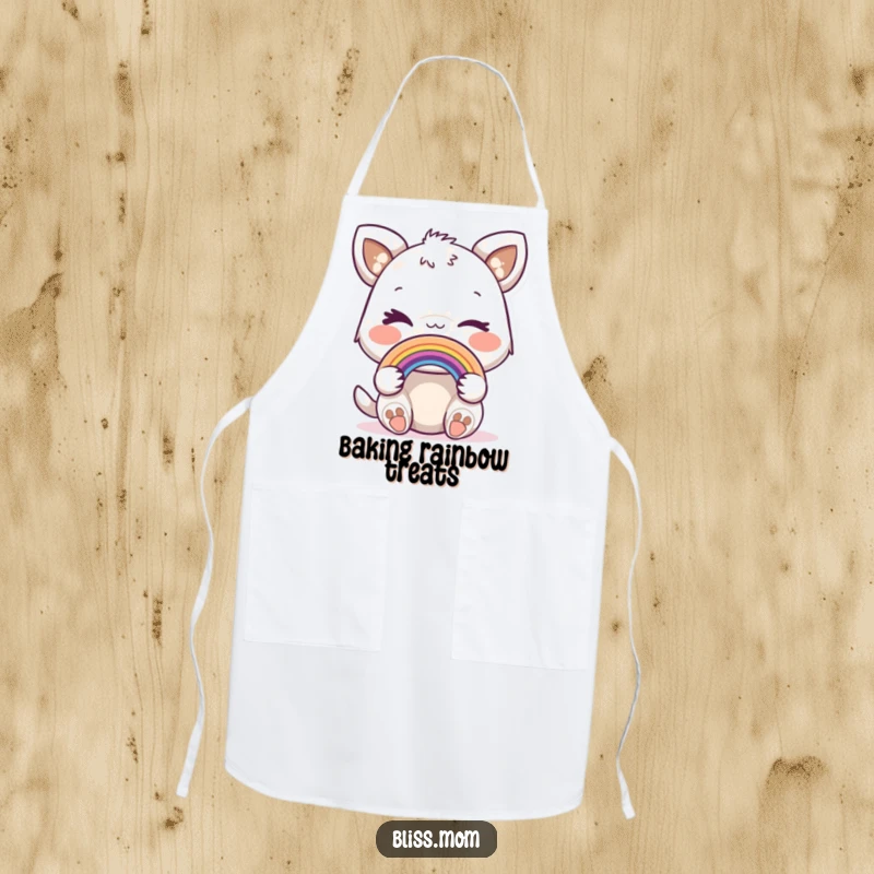 Funny apron showing a joyful animal winking playfully while holding a miniature rainbow.