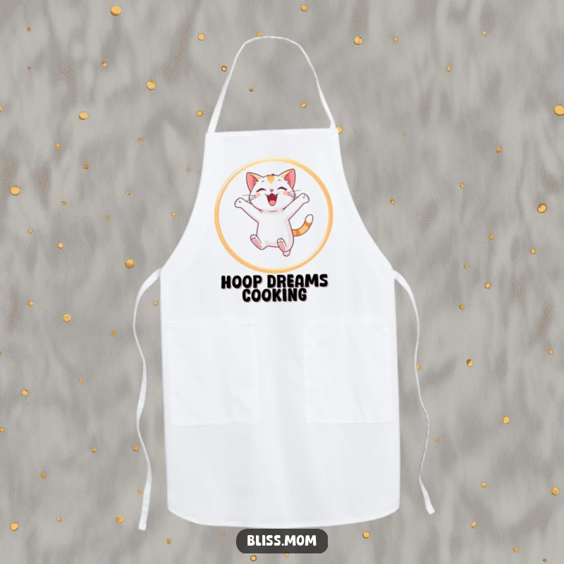 Funny cat apron showing a nimble cat leaping through a shining hoop of light, ideal for a playful cook or baker.
