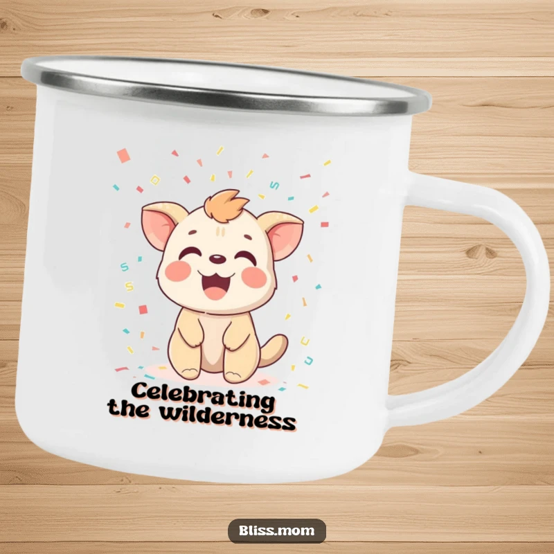 Funny camping mug showing a joyful animal with a delighted expression, showered by a festive cascade of confetti.