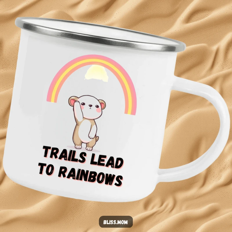 Funny camping mug with an animal reaching towards a vibrant rainbow, perfect for outdoor adventures and inspiring hope.