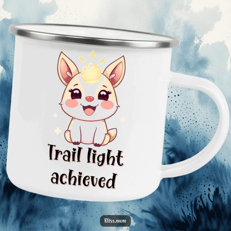 Funny camping mug displaying a joyful animal with excited ears, bouncing a shimmering orb of light in an outdoor setting.