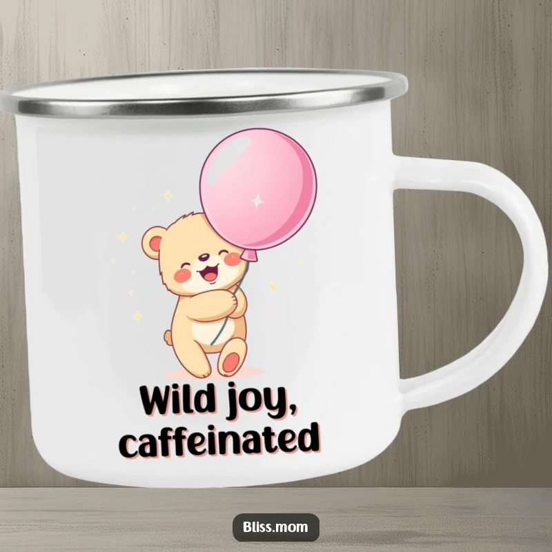 Funny camping mug featuring a bear cub hugging a sparkly balloon, perfect for sipping beverages during outdoor adventures.