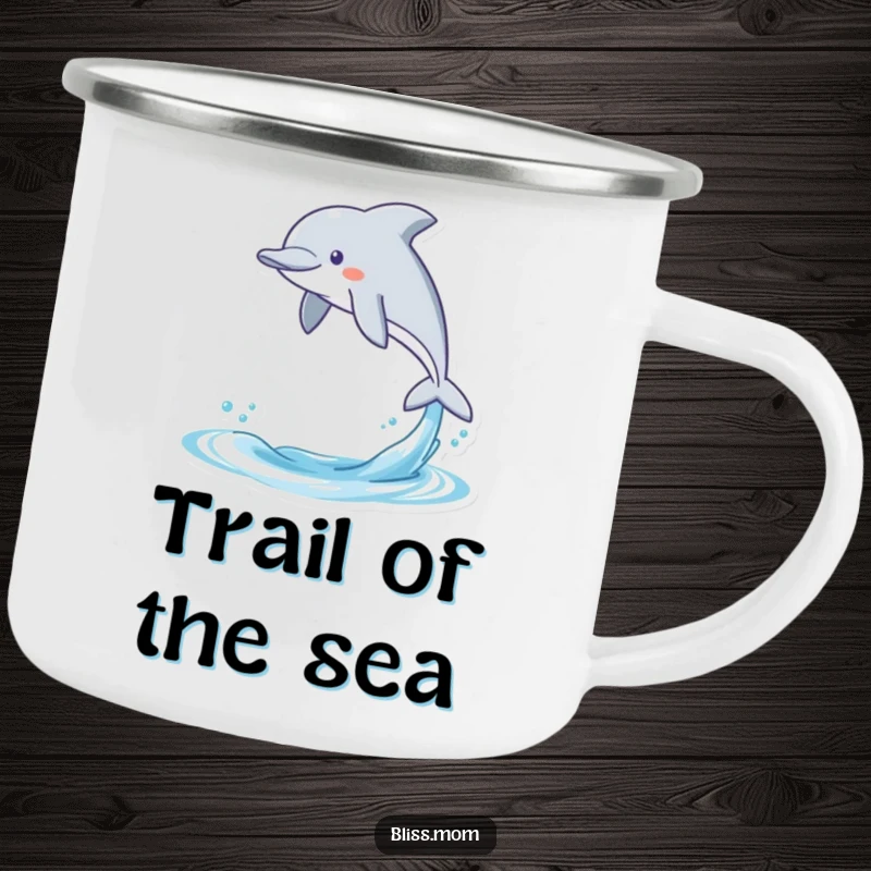 Funny camping mug with a gleeful kawaii dolphin leaping from water, perfect for outdoor enthusiasts who appreciate a touch of humor.
