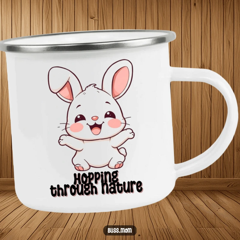 Funny joyful kawaii bunny with floppy ears bouncing excitedly, durable camping mug, cute outdoor companion, perfect funny gift.