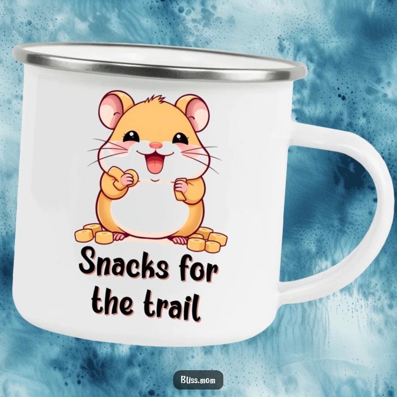 Funny delighted kawaii hamster stuffing cheeks with treats, durable camping mug, cute outdoor companion, perfect funny gift.