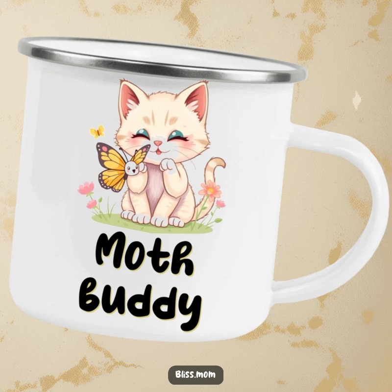 Funny kawaii kitten batting playfully at a butterfly, printed on a rugged camping mug, perfect for outdoor excursions.