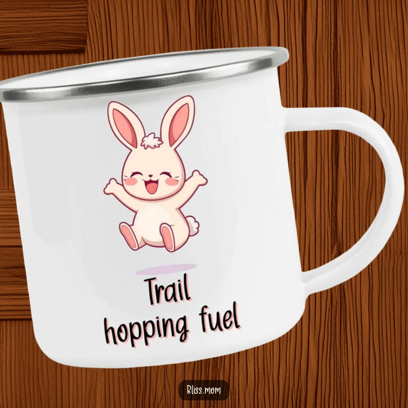 Funny Kawaii Mama Bunny Camping Mug, showing a bunny bouncing with delight, perfect for outdoor enjoyment and cheerful sipping. A great gift.