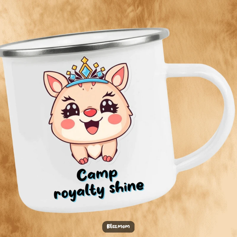 Funny camping mug designed for royalty, showing a joyful animal wearing a sparkling crown, perfect for enjoying the outdoors with a regal touch.
