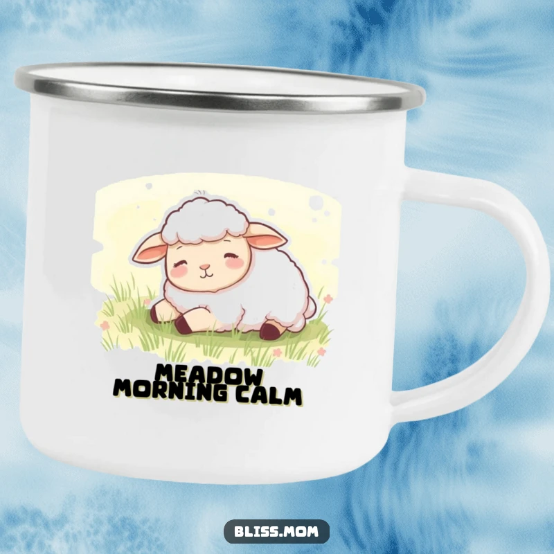 Funny enamel camping mug featuring a content sheep dozing peacefully in a green meadow, perfect for peaceful outdoor moments.