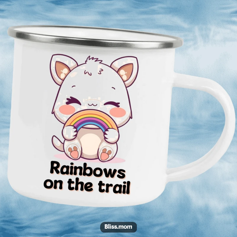 Funny camping mug showing a joyful animal winking playfully while holding a miniature rainbow.