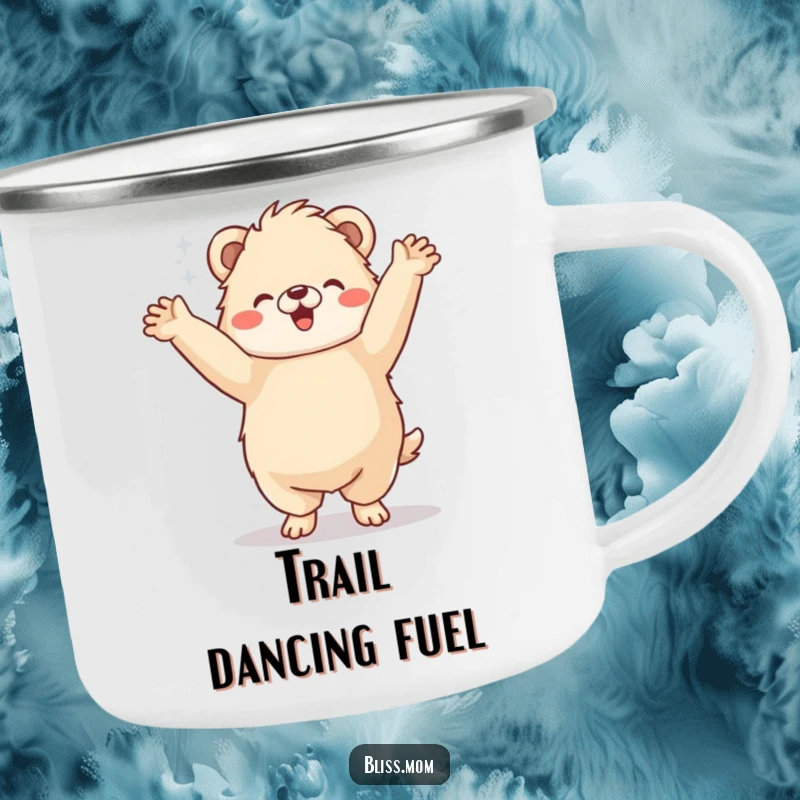 Funny Camping Mug: A fluffy animal joyfully dances a jig with arms in the air, perfect for outdoor fun.