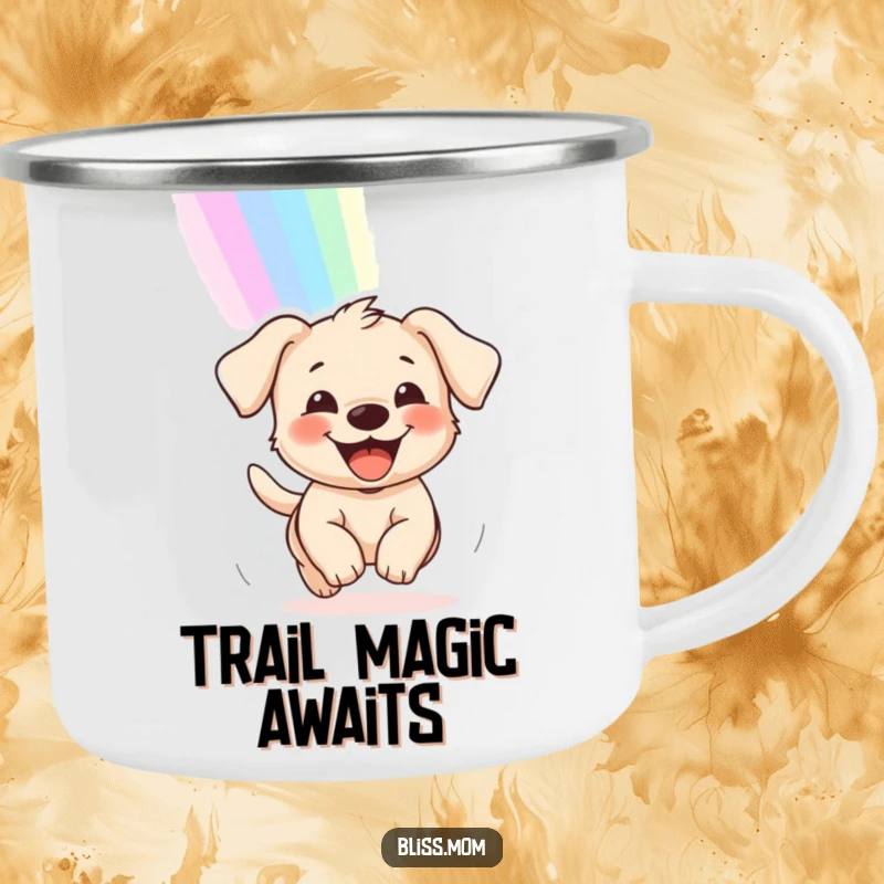 Funny camping mug featuring a happy puppy with a wide grin, chasing a rainbow, perfect for outdoor enthusiasts.