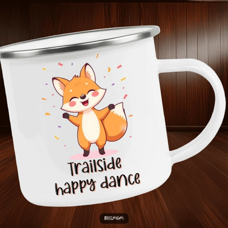 Funny camping mug featuring a cheerful fox dancing joyfully, surrounded by festive confetti, ideal for outdoor enthusiasts seeking fun.