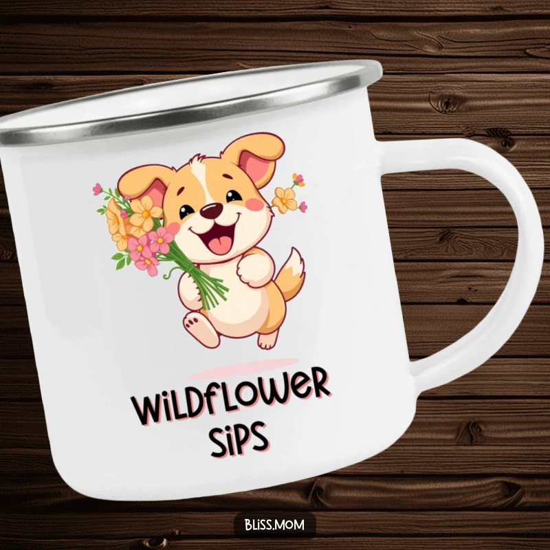 Funny Dog Flower Camping Mug: Happy dog bounds with a bouquet of flowers, perfect for outdoor adventures. A durable and funny gift.