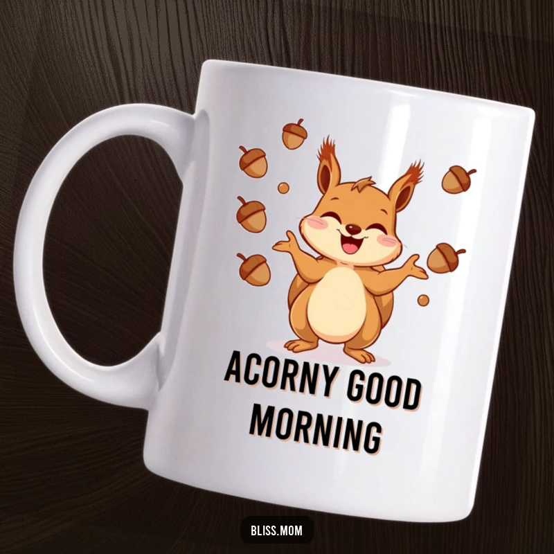 Funny Squirrel Mug: A giggling squirrel skillfully juggling multiple acorns with wild abandon and joy.