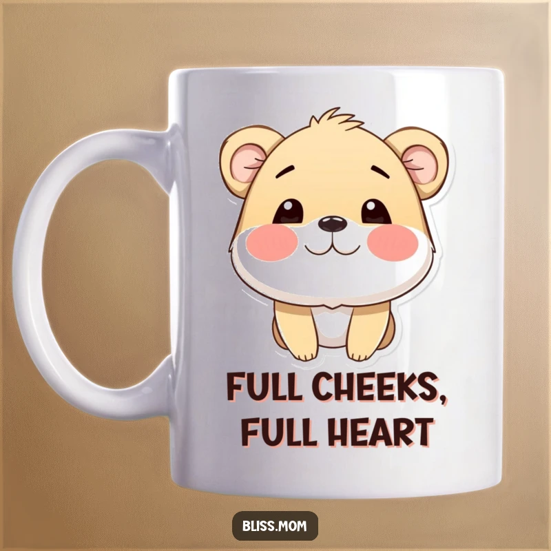 Funny mug featuring a cute animal with cheeks puffed out wide, beaming with happiness and radiating pure, infectious joy.