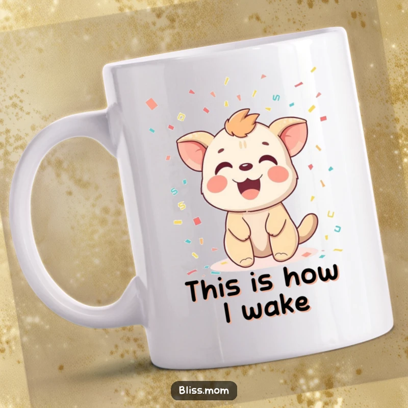 Funny mug showing a joyful animal with a delighted expression, joyfully receiving a vibrant showering of colorful confetti.