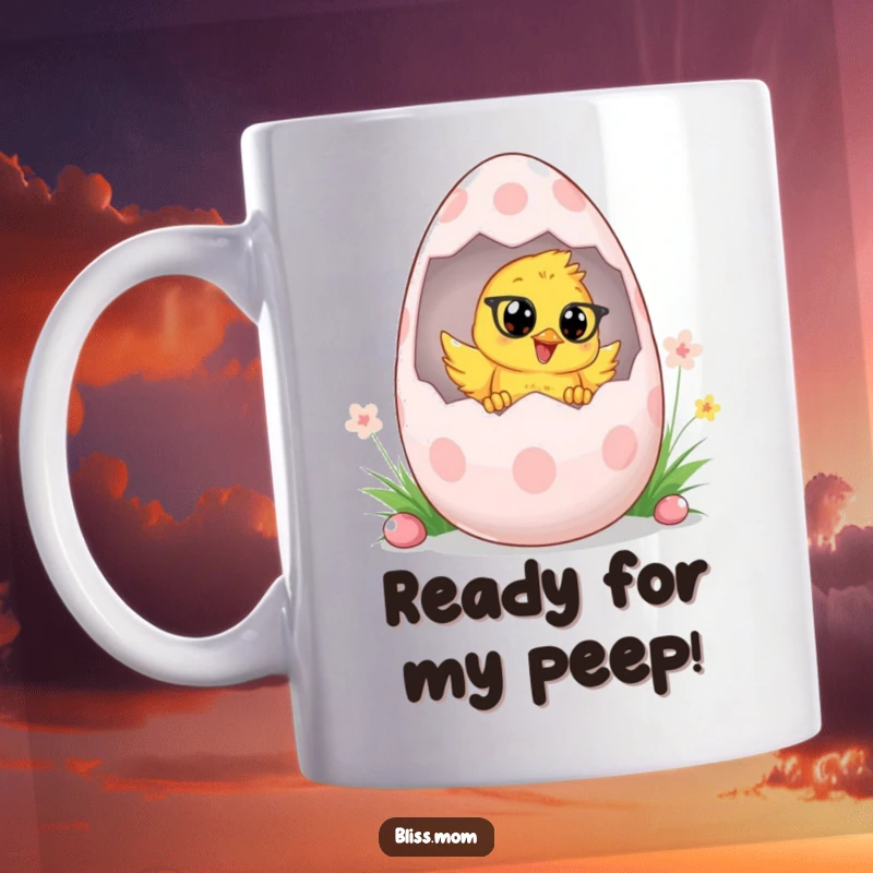 Funny Easter Chick Mom mug, playfully peeking from a giant Easter egg, celebrating spring and motherhood with humor. A great gift.