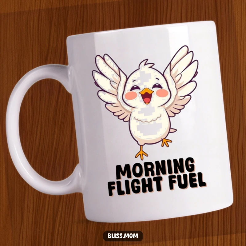 Funny laughing kawaii bird with wings spread wide in flight, joyful avian freedom, perfect funny gift for bird watchers.