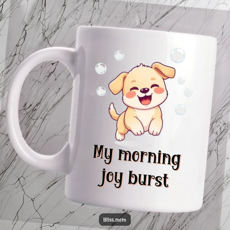 Funny mug showcasing a kawaii puppy ecstatically chasing iridescent bubbles, radiating immense joy and playfulness.