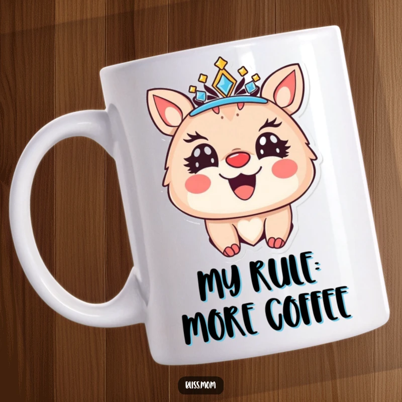 Funny mug showcasing a joyful animal with bright eyes, wearing a sparkling crown and sporting a radiant smile, exuding happiness.