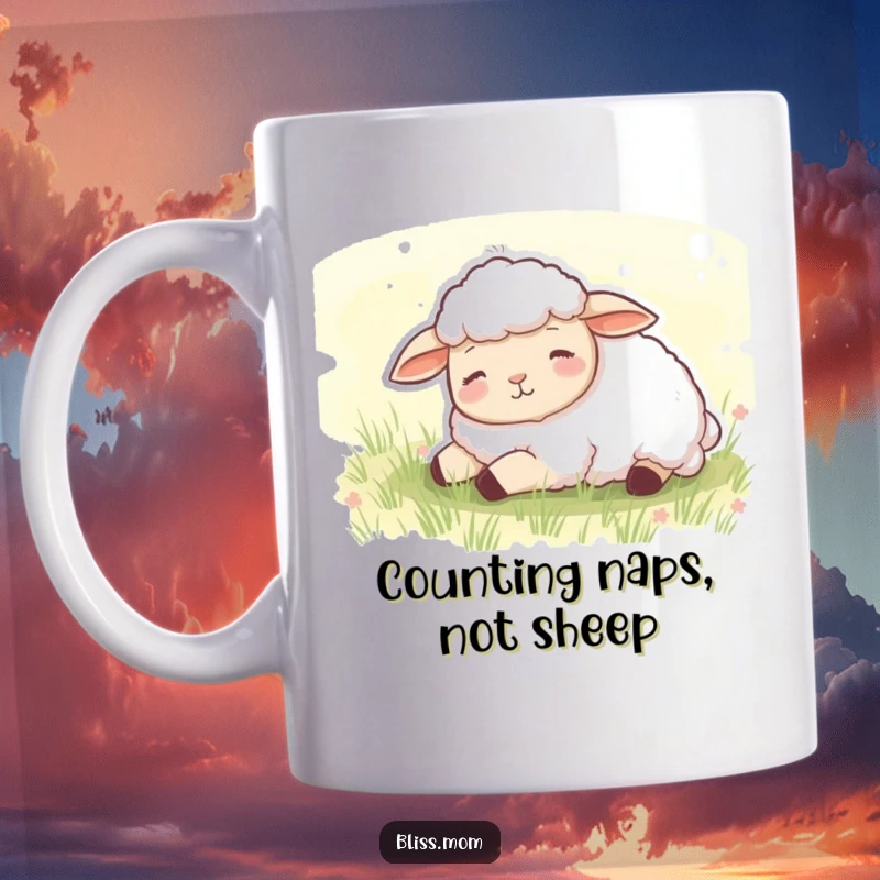 Funny mug featuring a content sheep peacefully dozing in a lush, green meadow, embodying ultimate relaxation.