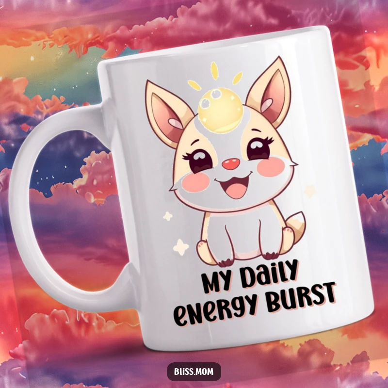 Funny mug featuring a joyful animal with excited ears, enthusiastically bouncing a shimmering orb of light, radiating happiness and magic.