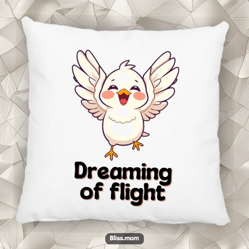 Funny laughing kawaii bird with wings spread wide in flight, soft plush pillow, cute bird comfort, perfect funny gift.