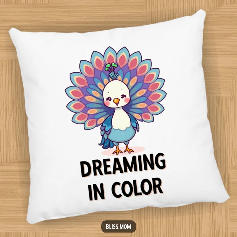 Funny Kawaii Peacock Mom Pillow, proudly displaying colorful tail feathers, providing soft comfort and elegant charm.