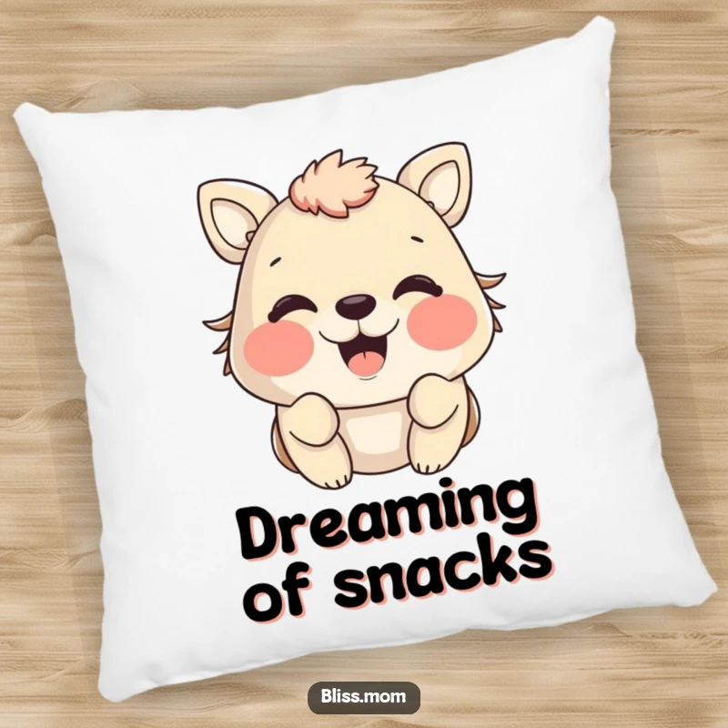 Funny animal pillow with cheeks puffed out in blissful happiness, providing soft comfort and a cheerful decorative touch.