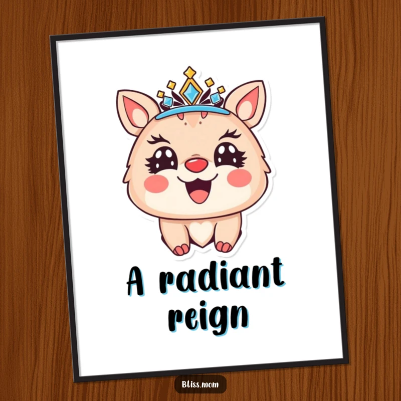 Funny digital art print of a joyful animal wearing a sparkling crown and a radiant smile, exuding happiness and regal charm.
