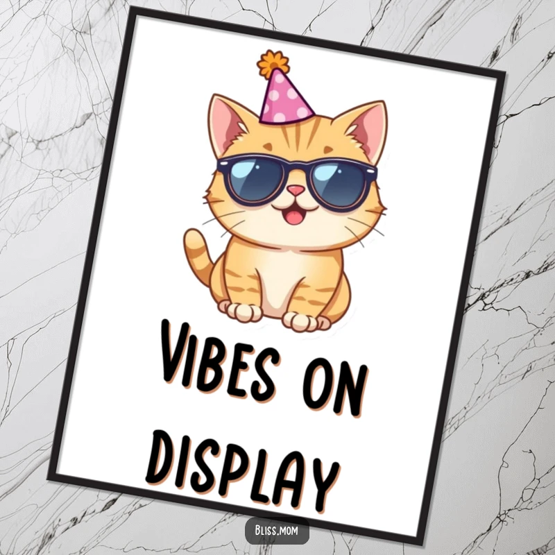 Funny digital art print of a giggling cat wearing sunglasses and a party hat, adding instant humor to any room.