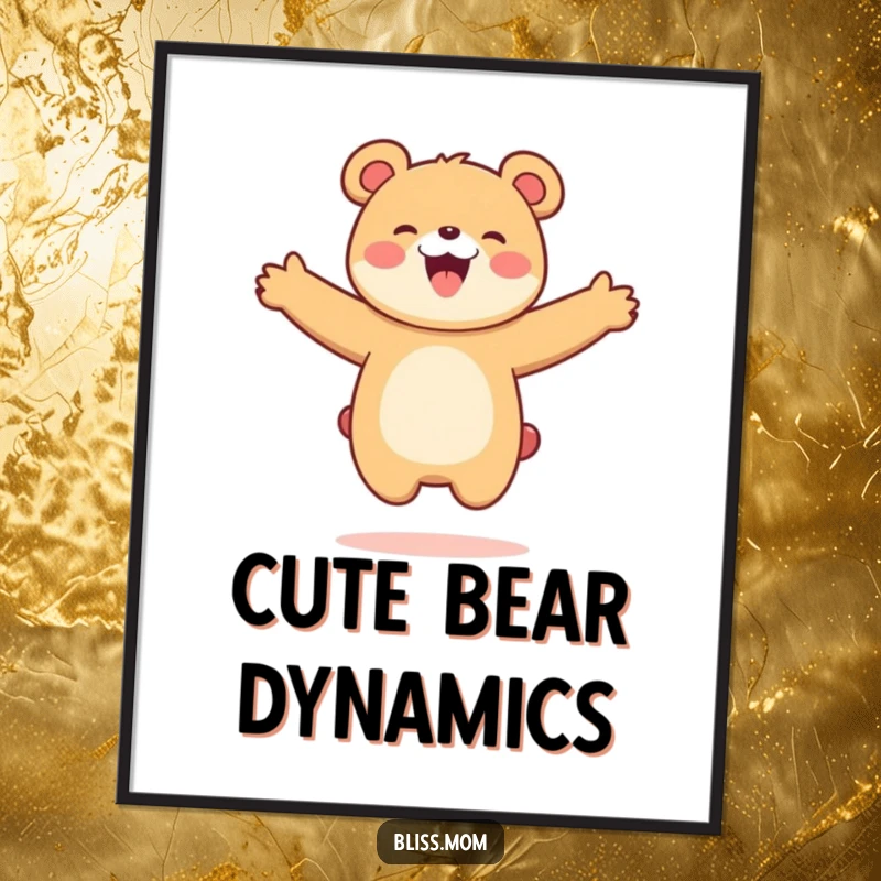 Funny Kawaii Bear Mom Digital Art: A happy bear mom jumps with open arms. High-resolution digital art capturing bouncy bear humor.