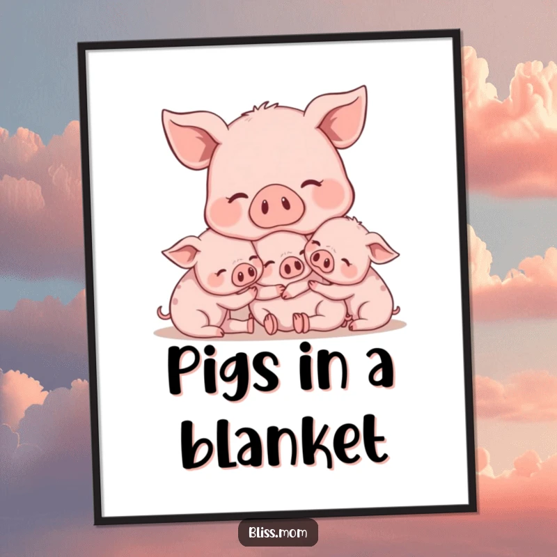 Funny Mama Pig Digital Art Print, showing a content mama pig snuggling piglets, perfect for instant farmhouse decor. A great gift.