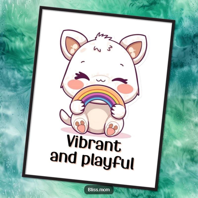 Funny digital art print of a joyful animal winking playfully while holding a miniature rainbow.