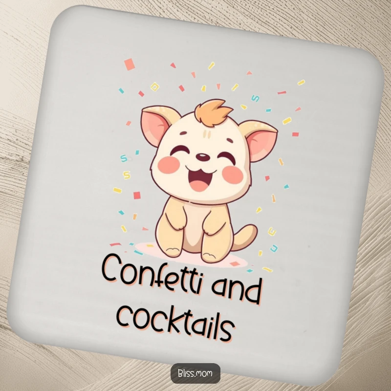 Funny drink coaster featuring a joyful animal with a delighted expression, covered in a shower of colorful confetti.