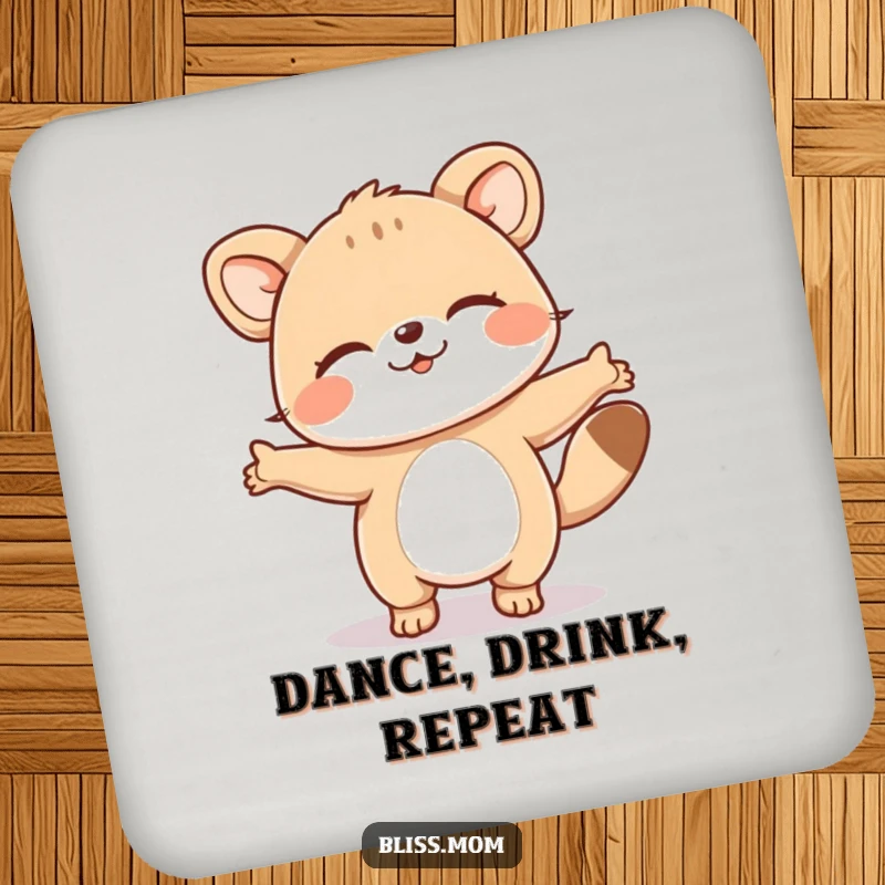 Funny drink coasters featuring an animal doing a happy dance with eyes closed, bringing a touch of fun and protection to any surface.