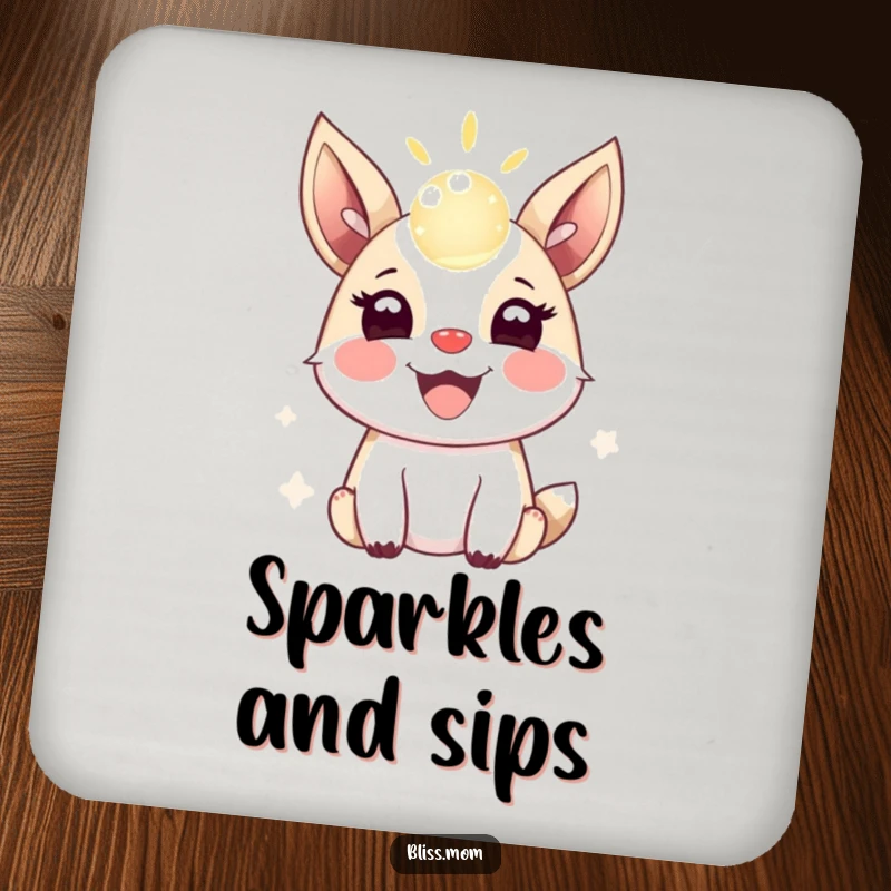 Funny drink coaster showing a joyful animal with perked ears, cheerfully bouncing a shimmering orb of light.