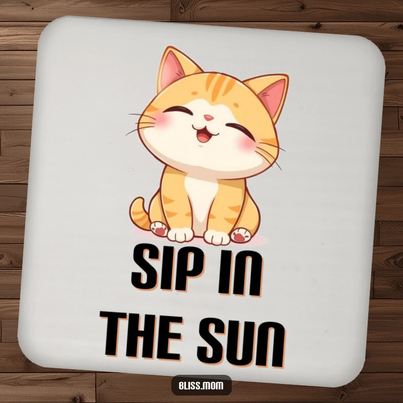 Funny Cat Drink Coaster: a joyful cat with closed eyes basking in a sunbeam, bringing tranquil vibes.