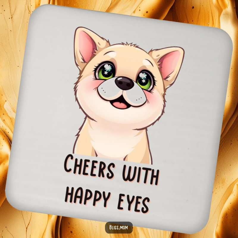 Funny drink coasters featuring a content dog looking up with sparkling eyes, protecting surfaces with pure happiness and love.