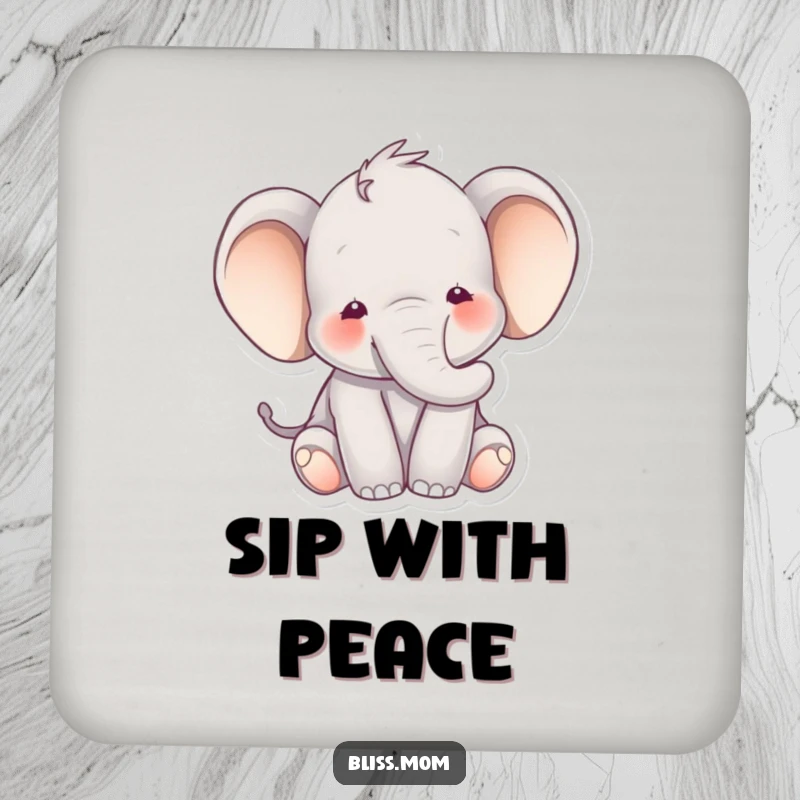 Funny elephant coaster featuring a happy elephant with a peaceful expression surrounded by soft hues, adding serene protection to your table.