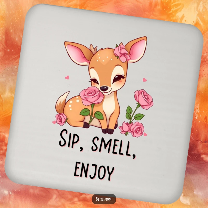 Funny Kawaii Deer Mom Drink Coaster, delightedly smelling a rose, providing cute and humorous surface protection.
