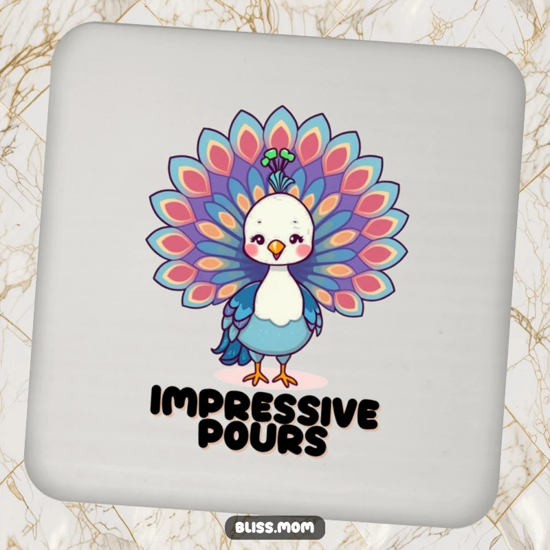 Funny Kawaii Peacock Mom Drink Coaster, proudly spreading colorful tail feathers, providing cute and humorous surface protection.