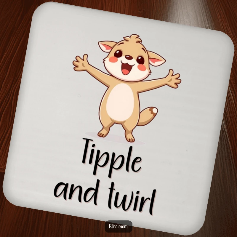 Funny drink coasters showcasing a happy animal twirling with arms outstretched, protecting tables with a touch of joyful humor.