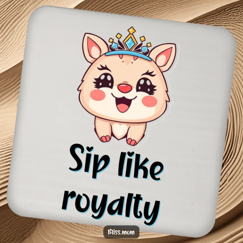 Funny drink coasters set depicting a joyful animal wearing a sparkling crown and a radiant smile, offering protection with regal humor.